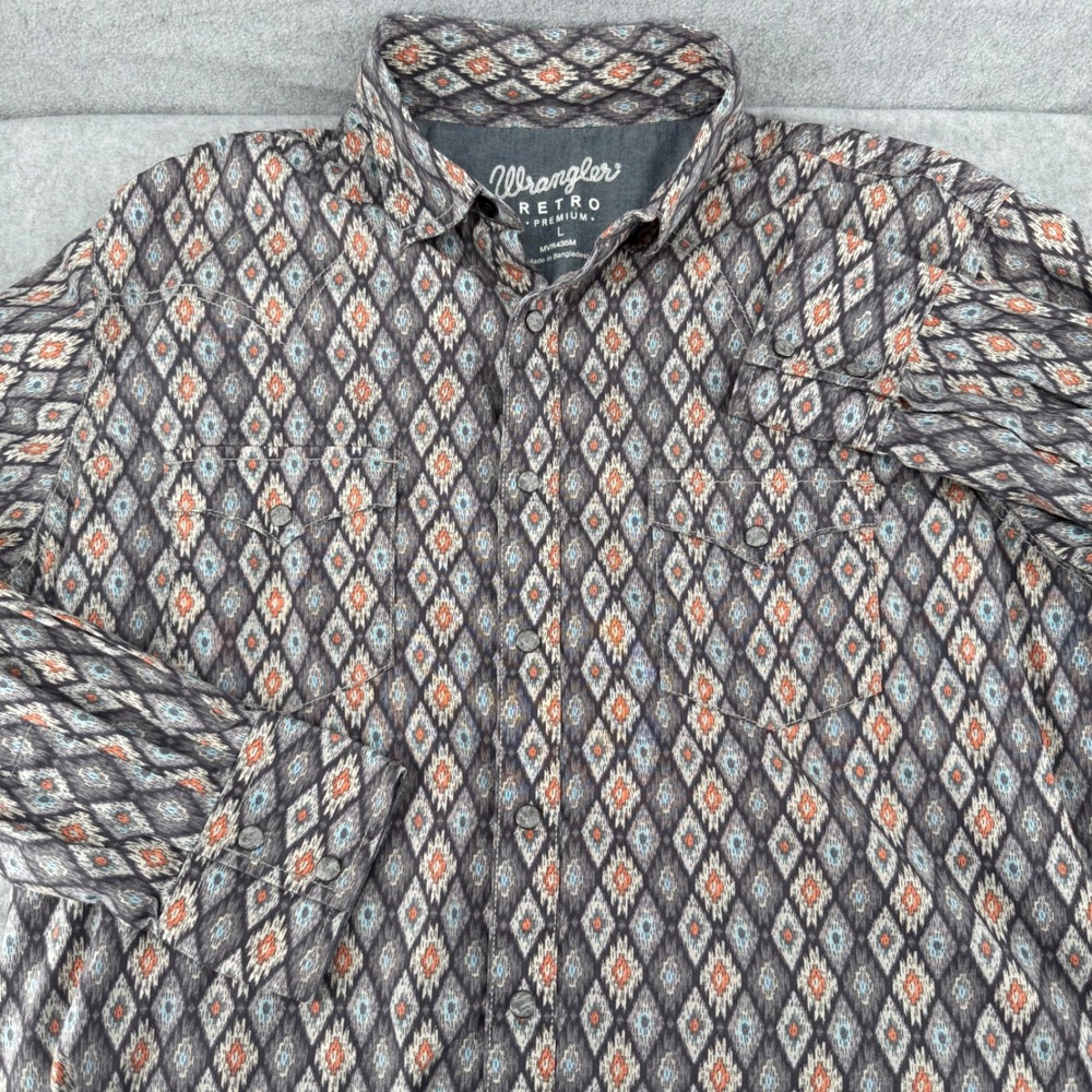 Wrangler Retro Premium Mens Large Grey Geometric Diamond Ikat Western Snap Shirt
